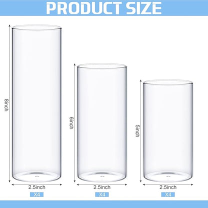 12 Pcs Glass Cylinder Vases Clear Flowers Vase Decorative 6,8,10 Inch Floating Candles Holders Table Centerpieces for Wedding Party Event Home Office Decor (2.5 x 5 in,2.5 x 6 in,2.5 x 8 in)