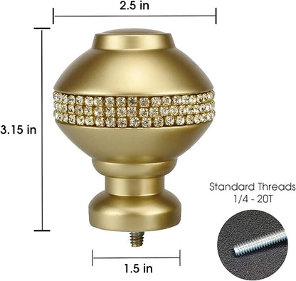 Decorative Curtain Rod Finials, Luxury Rhinestones Gold, Round,Set of 2, Compatible with 1 or 1-18 dia curtain rod, Standalone finial pair, Gold