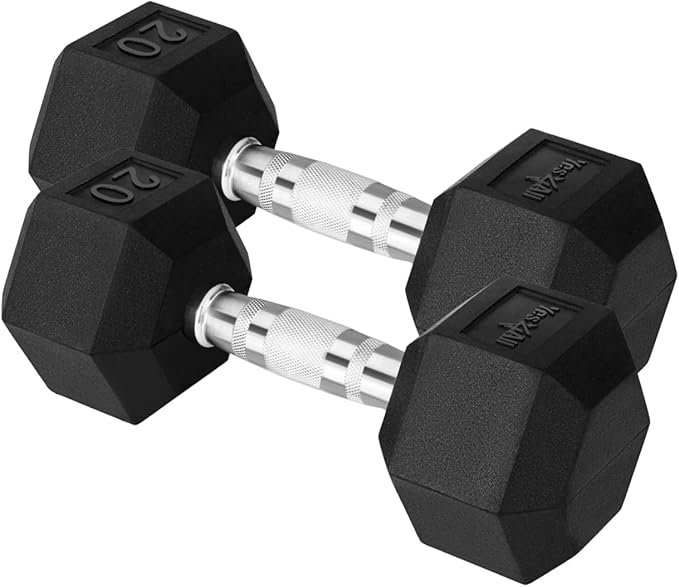 Yes4All Chrome/Rubber Grip Encased Hex Dumbbells – Hand Weights With Anti-Slip 20 LBS Pair