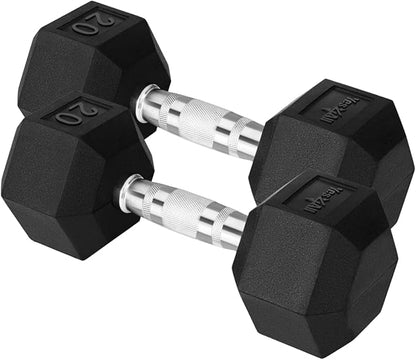 Yes4All Chrome/Rubber Grip Encased Hex Dumbbells – Hand Weights With Anti-Slip 20 LBS Pair
