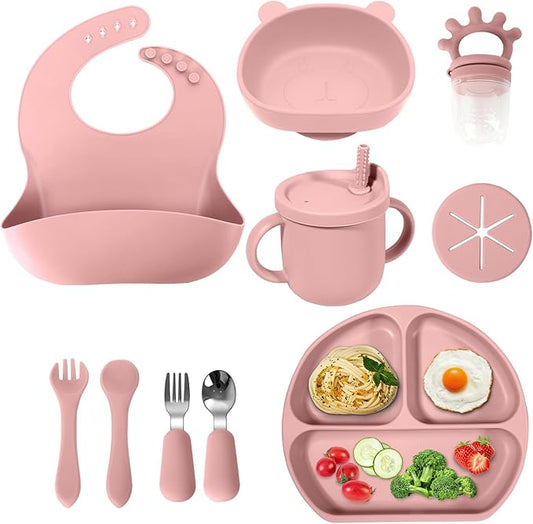 Silicone Baby Feeding Set | Baby Led Weaning Supplies | Toddler Self Feeding Dish Set with Suction Bowl, Divided Plate,Sippy Cup Spoons Forks Teether and Adjustable Bib, Eating Utensils for 6+Months