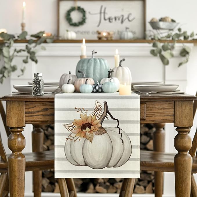 Artoid Mode Stripes Pumpkin Sunflower Leaves Fall Table Runner, Seasonal Autumn Kitchen Dining Table Decoration for Outdoor Home Party 13x72 Inch