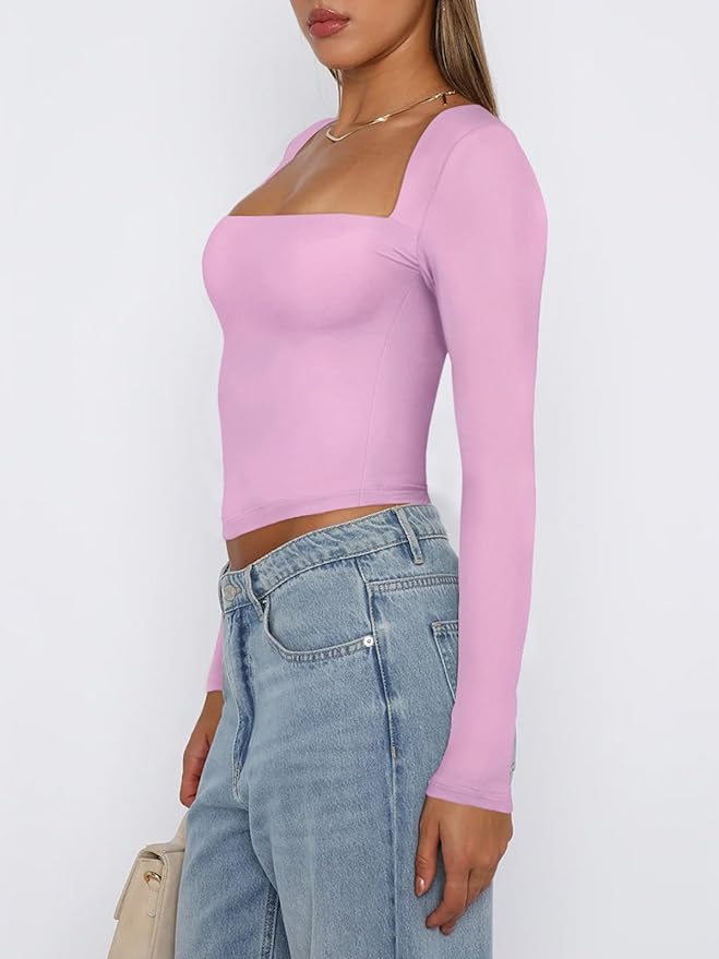 REORIA Women's Basic Sexy Square Neck Long Sleeve Y2K Going Out T Shirt Crop Top