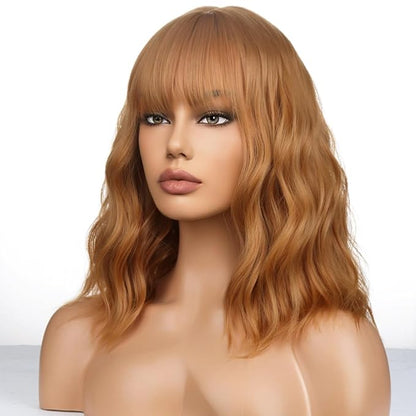 Strawberry Blonde Wig Short Bob Wig Short Curly Wavy Wig With Bangs for Women Girls Blonde Wig Heat Resistant Synthetic Hair Wigs for Daily Use Cosplay Wig With Wig Cap