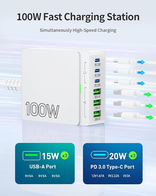 USB C Charger Block Charging Station: 100W 6 Port GaN Fast Charging Brick Hub Cube Box - PD 3.0 Type C  USB A Wall Charger Power Adapter for iPhone 16 Pro Max iPad Samsung Android Pixel