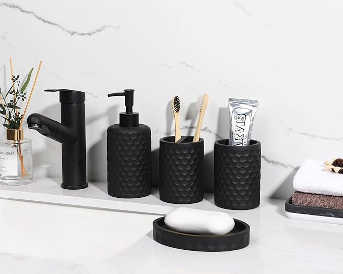 zccz Bathroom Accessory Set - 6 Pcs Black Bathroom Accessories Set with Trash Can, Toothbrush Holder, Toothbrush Cup, Soap Dispenser, Soap Dish, Toilet Brush Holder (Brush Not Included) - Accessoire Salle de Bain