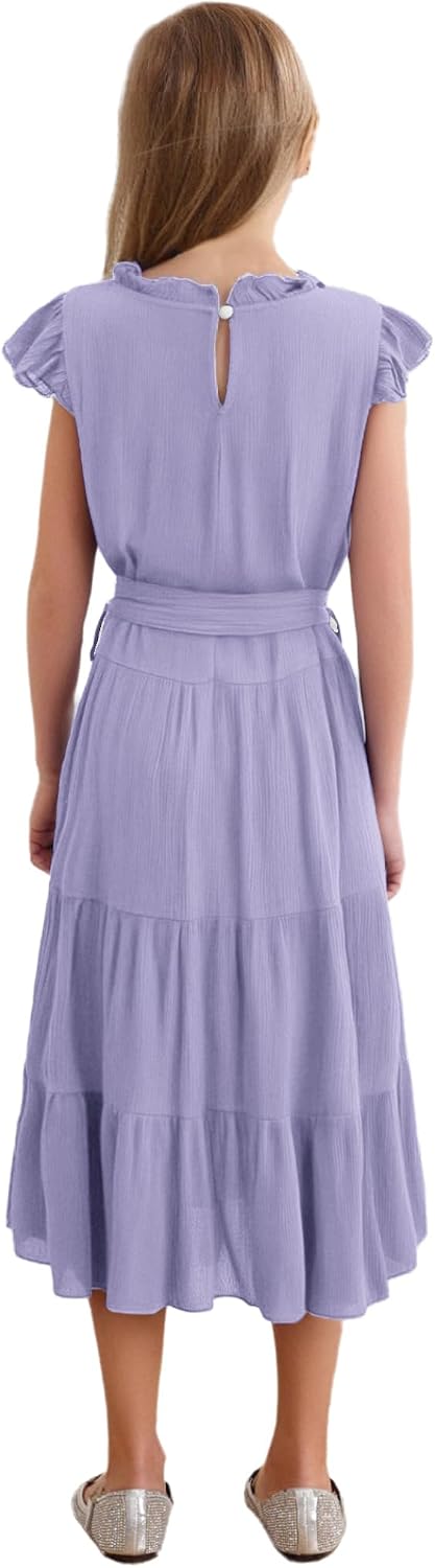 Girls Summer Ruffle Sleeve Flowy Boho Dress Casual A Line Ruffle Tiered Beach Dress with Belt