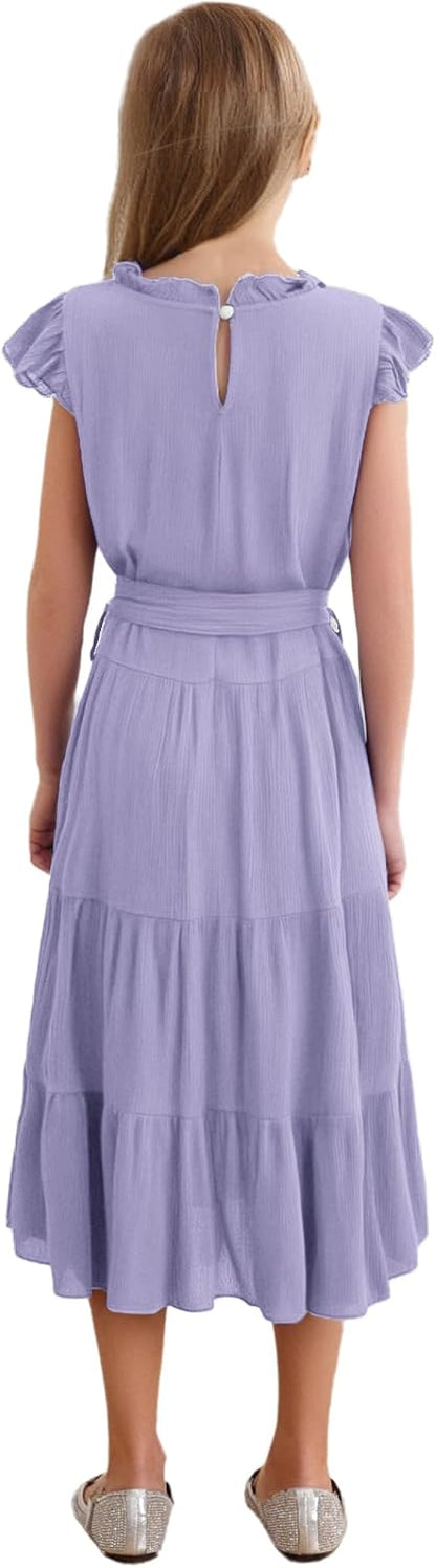 Girls Summer Ruffle Sleeve Flowy Boho Dress Casual A Line Ruffle Tiered Beach Dress with Belt