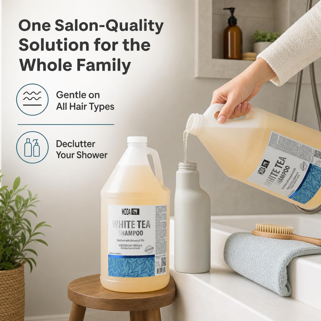 MODA Hotel & Salon Bulk Shampoo, Damage Control, 128 oz White Tea Professional bulk shampoo for hotels, salons, spas and family homes; vegan, cruelty free and paraben free for dry, curly hair