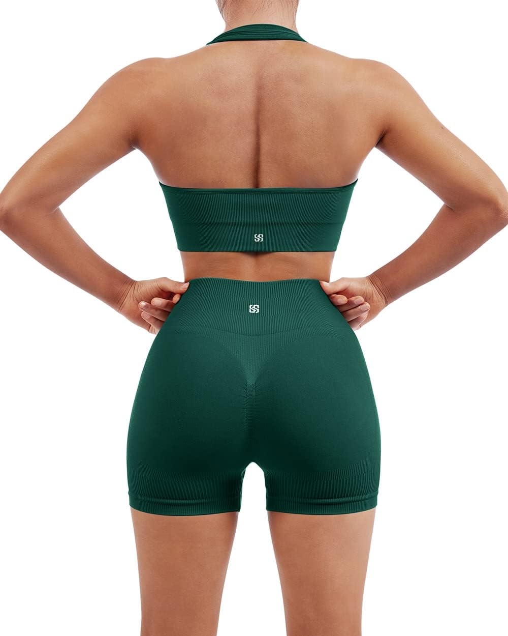 SUUKSESS Women Seamless Ribbed Workout Set Backless Sports Bra Booty Biker Short