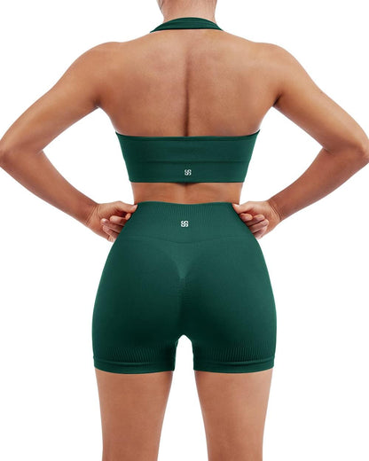 SUUKSESS Women Seamless Ribbed Workout Set Backless Sports Bra Booty Biker Short