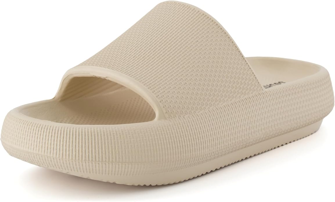 CUSHIONAIRE Feather Slides  Comfortable Cloud Cushion House Slippers for Women, Indoor Outdoor EVA Foam Foot Spa Shower Shoes, Non-Slip Arch Support