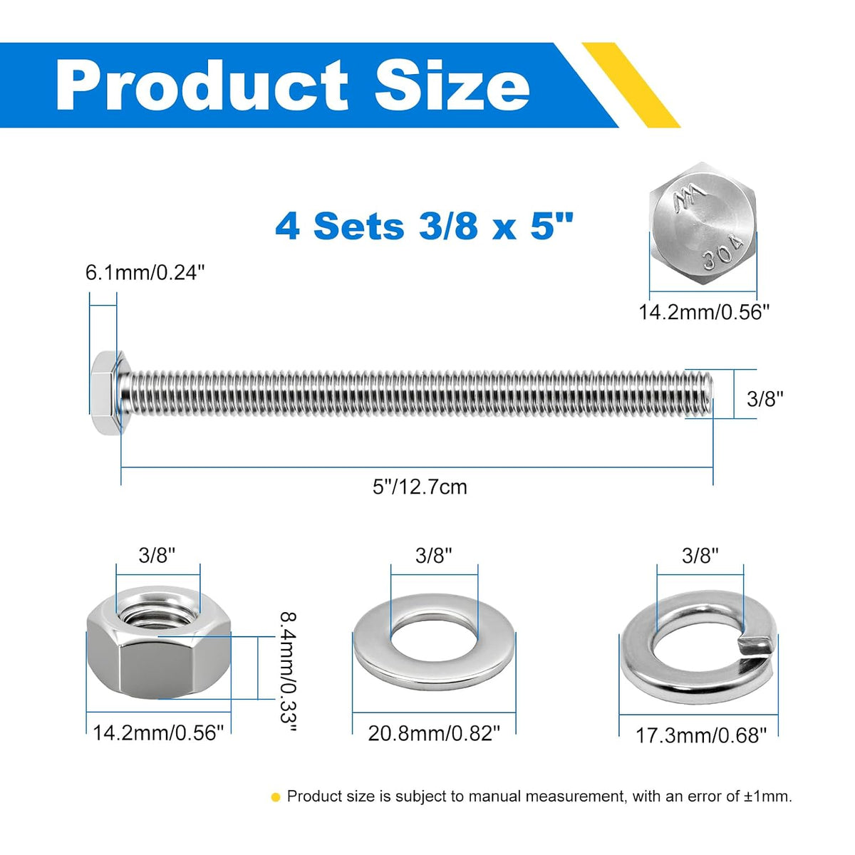 3/8-16 x 5 Hex Bolts Set, 5 Sets 3/8"-16 Thread 5 Inches Long, Hexagon Bolt Nuts, Flat & Lock Washers, Stainless Steel 304 Right Hand Fully Thread Heavy Duty Hex Bolts Assortment Kit
