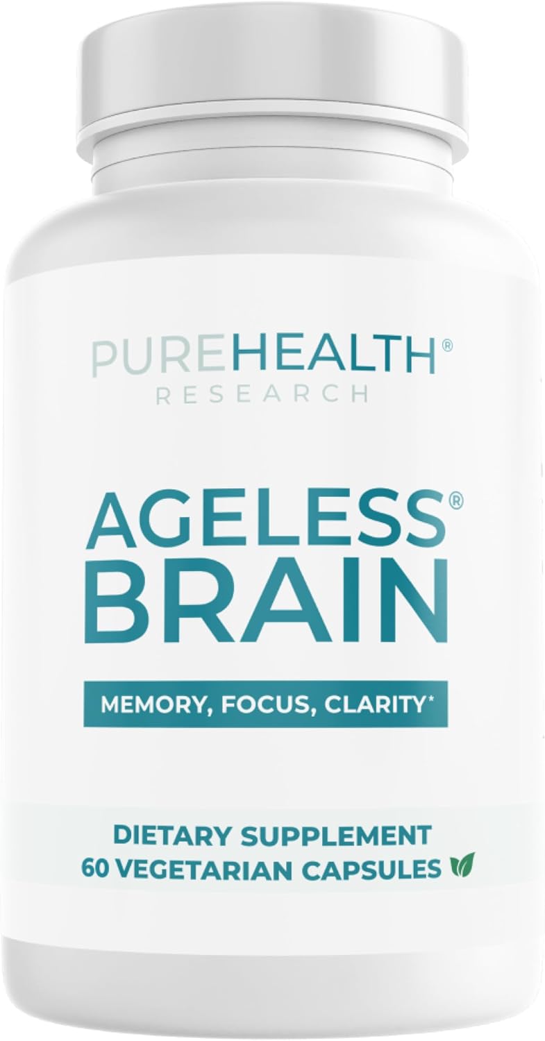 PUREHEALTH RESEARCH Ageless Brain - Supplements for Memory and Focus | Nootropic Brain Health Supplement - with Bacopa Monnieri, Alpha GPC, L-Tyrosine, Vitamin B6, Niacin & More - 60 Capsules