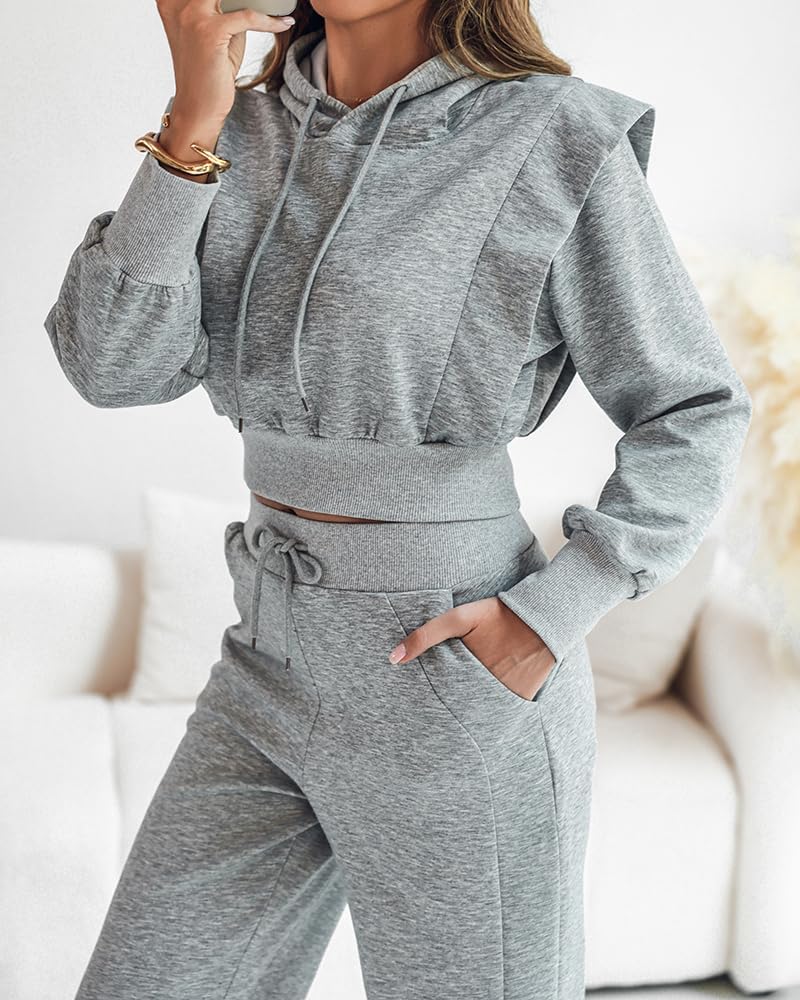 CHICME Womens 2 Piece Outfits Cropped Long Sleeve Hoodie and Wide Leg Sweatpants Set Fall Fashion Sweatsuit Tracksuit.