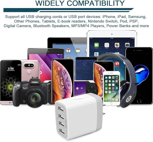 USB Charger Cube, Wall Charger Plug, AILKIN 4.8A 4-Muti Port USB Adapter Power Plug Charging Station Box Base Replacement for iPhone 15 14 13 12 11 Pro MaxX8, iPad, Samsung Phones USB Charging Block