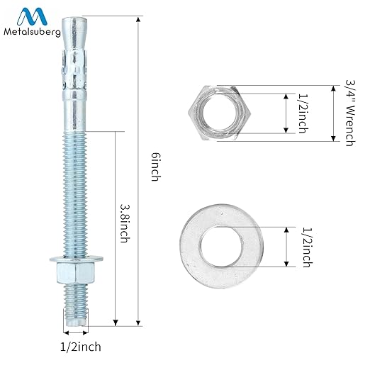12"x6" Wedge Anchor by Zinced of Heavy-Duty Fastener for Cement and Concrete (8pcs Pack)