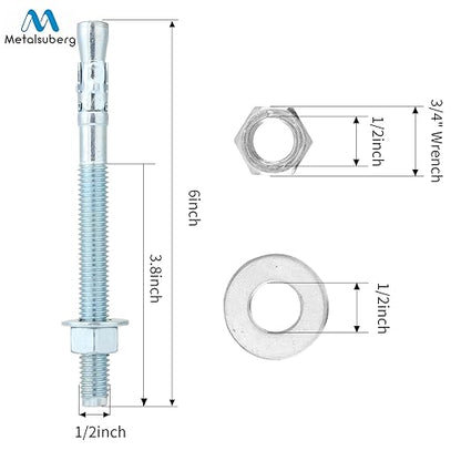 12"x6" Wedge Anchor by Zinced of Heavy-Duty Fastener for Cement and Concrete (8pcs Pack)