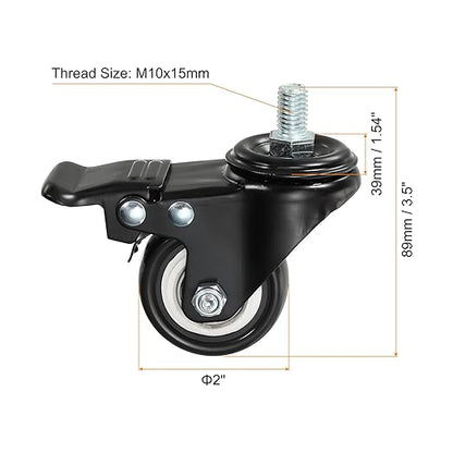 uxcell 2 Inch Swivel Threaded Stem Casters M10x15mm Thread PU Caster Wheel with Brake 110lbs Load for Furniture Carts, Black 4pcs