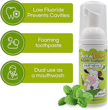 SnowBuddy Foam Toothpaste Kids - Mint Flavors - 1 Pack, Anti Cavity with Low-Fluoride, for u-Shape Toothbrush and Mouthwash for Dental Care