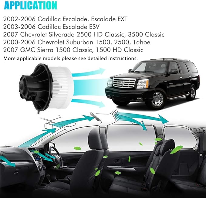 AC Heater Blower Motor Replacement for Cadillac Escalade, Chevy Silverado 1500 2500 3500 Tahoe, GMC Sierra 1500 2500 3500 Yukon Replaces  700089, 1581647, 15-81647,89019321