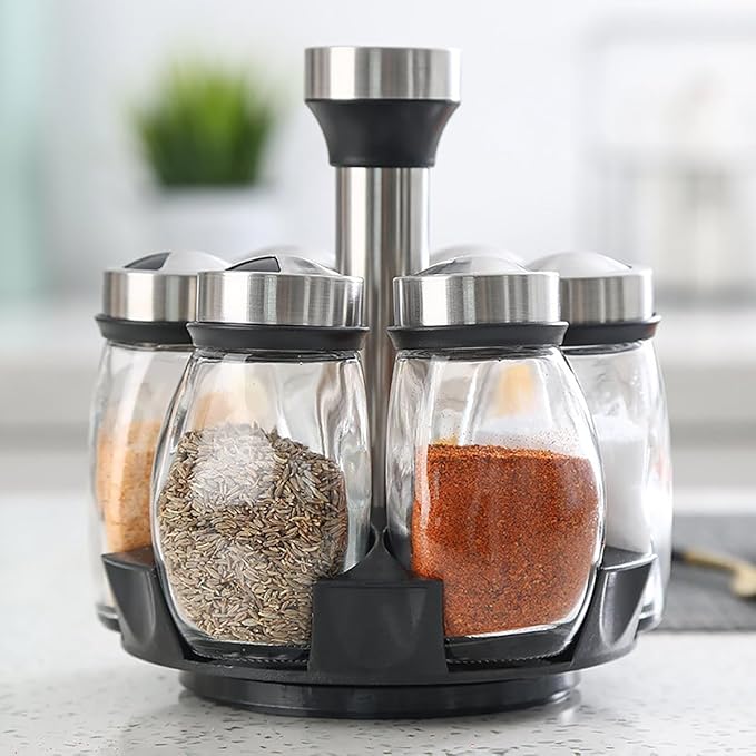 360 Rotating Spice Rack, 6PC Spinning Glass Spice Jars Suitable for kitchen countertops, spice storage, cooking, outdoor BBQ,(Spices Not Included)