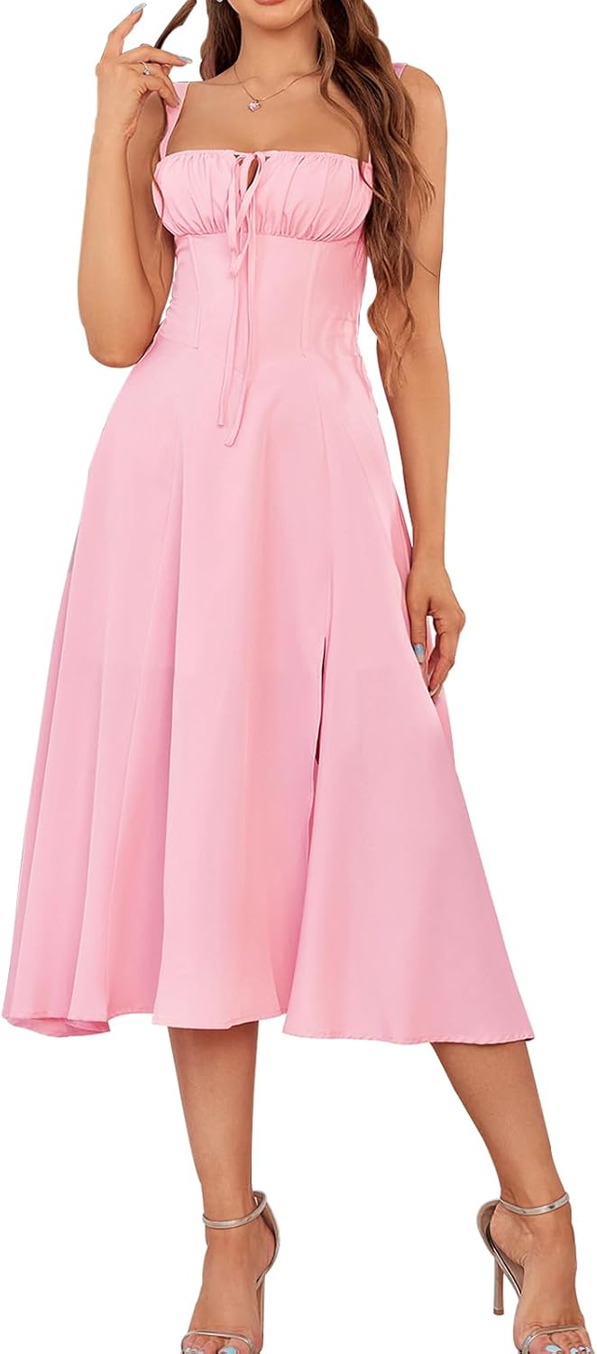Women Summer Corset Midi Dress 2026 Floral Wedding Guest Flowy Slit Lace Up Dresses Tea Party A Line Casual Milkmaid Sundress