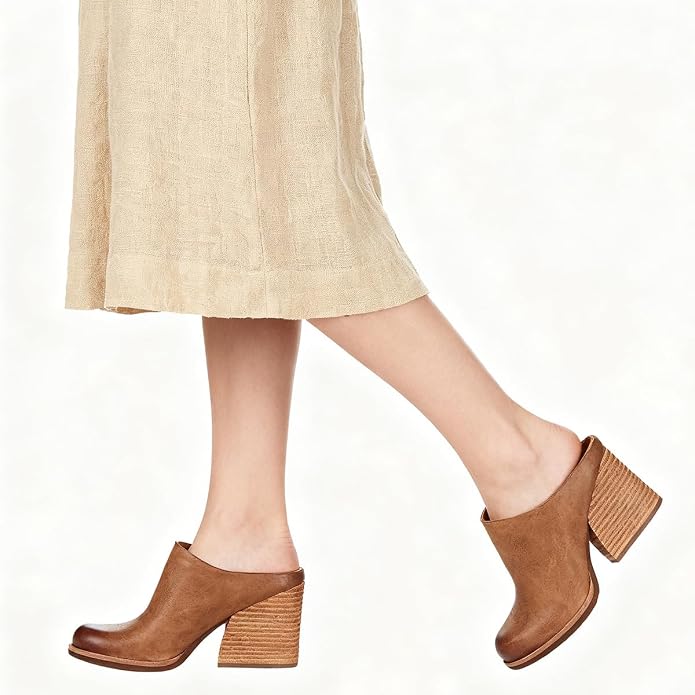Dystralix Women Beige High Chunky Stacked Heel Mules Round Closed Toe Heeled Sandals Slip On Block Heels Matte Backless Booties Burnished Dressy Vintage Party Office Lady Slide Slippers Matte Brown size 8
