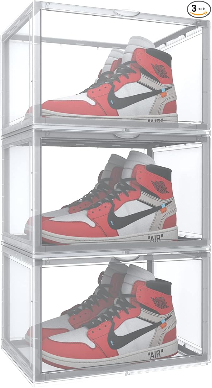 Reitu 3 Pack Shoe Storage Boxes, Clear Plastic Stackable Shoe Organizer Bins, Side Opening Sneaker Holder Containers For MenWomen sneaker Fit up to US Size 13 (Clear)