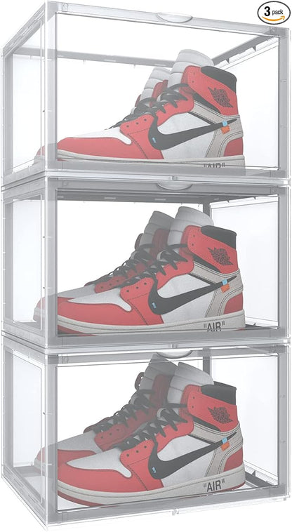 Reitu 3 Pack Shoe Storage Boxes, Clear Plastic Stackable Shoe Organizer Bins, Side Opening Sneaker Holder Containers For MenWomen sneaker Fit up to US Size 13 (Clear)