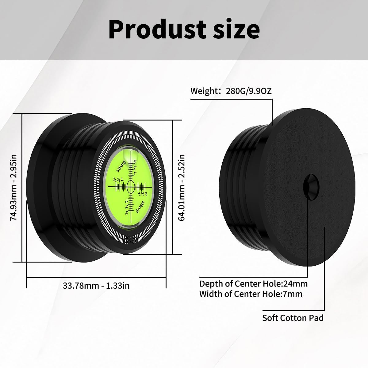 Viborg LP528B Record Weight Phono LP Disc Stabilizer, Black 50Hz Turntable Level, 280G (9.9 OZ) HiFi 3 in 1 Vinyl Clamp Strobe Speed Record Puck with Bubble Leveling (50Hz, Black)