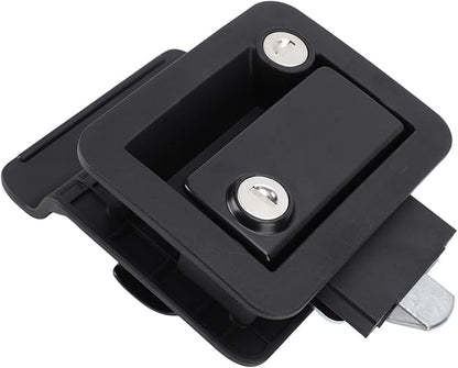 RV Door Lock, Enhanced Security for Motor Home Travel Trailer, Zinc Alloy with Switch, and Wearproof, Black Design, Dual Lock with Matching Keys, Dust Protection Foam, Screw