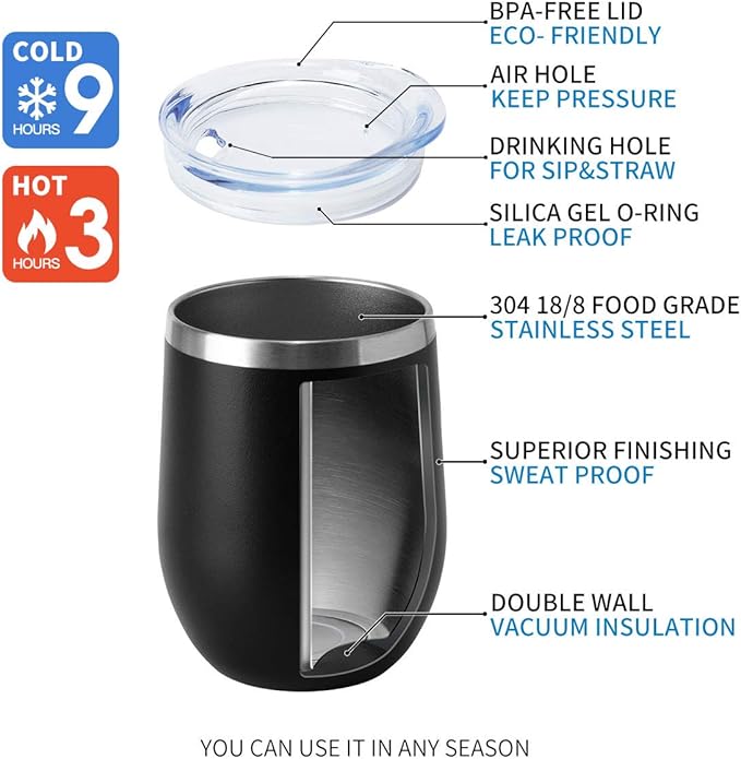 HASLE OUTFITTERS 12oz Wine Tumbler with Lid Stemless Wine Glasses Double Wall Vacuum Travel Mugs stainless steel Coffee Cup for Cold  Hot Drinks Wine Coffee Cocktails Beer (12oz-Black, 1 Pack)