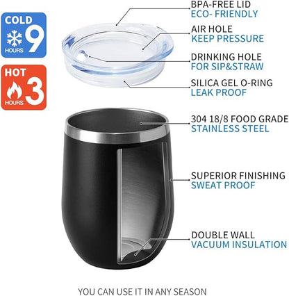HASLE OUTFITTERS 12oz Wine Tumbler with Lid Stemless Wine Glasses Double Wall Vacuum Travel Mugs stainless steel Coffee Cup for Cold  Hot Drinks Wine Coffee Cocktails Beer (12oz-Black, 1 Pack)
