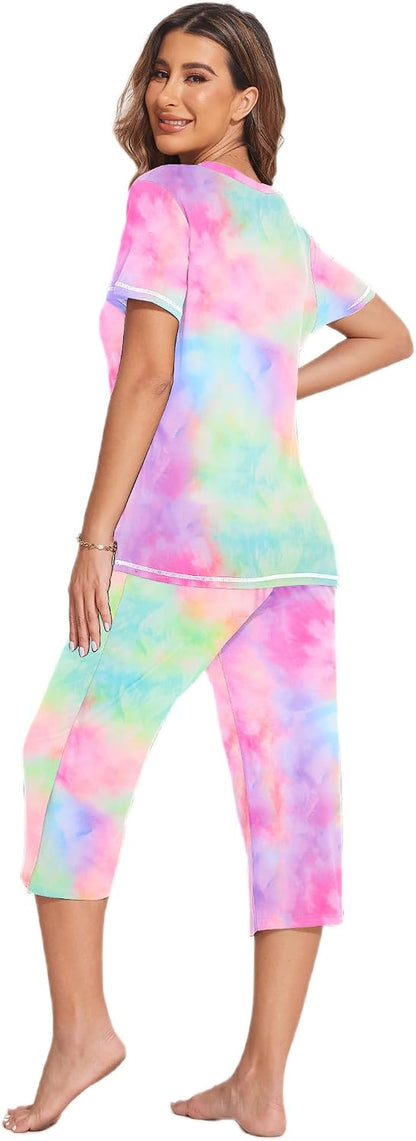 Two-Piece Pjs V Neck Tops & Capri Pants Printed Lounge Sets S-3XL