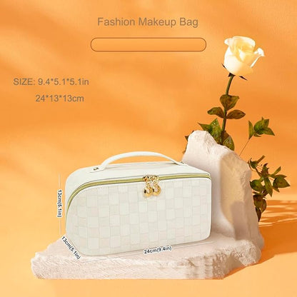 Cosmetic Bag PU leather Makeup Organizer for Women Large Capacity Water-resistant Make Up Bag With Handle and Divider Flat Lay travel cosmetic Pouch