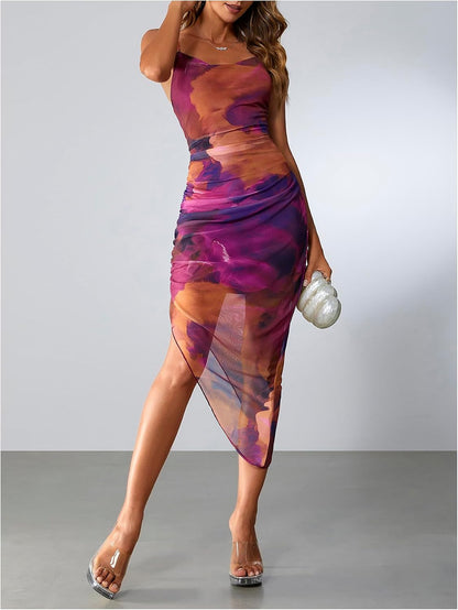 SOLY HUX Women's Tie Dye Cowl Neck Split Hem Bodycon Cami Dress Backless Long Dresses