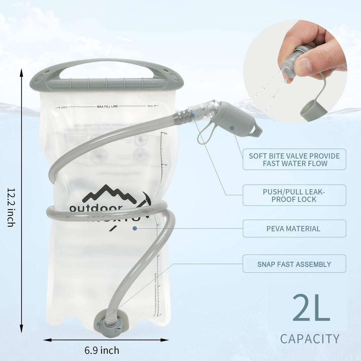 1.5L/2L/3L Hydration Bladder, INOXTO Water Bladder with Water Reservoir Hose Insulator & High Flow Bite Valve for Hiking Backpack, Leak Proof 1.5/2L/3L Water Reservoir for Camping Cycling Running