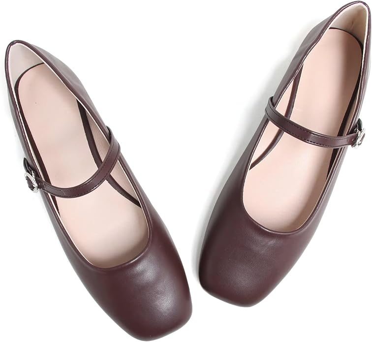 Brown Not Coffee Color TN TANGNEST Women's Leather Flats Square Toe Dress Flats | Retro Soft Mary Jane Flats, Breathable Lightweight Ballet Flats with Adjustable Strap, Comfort Casual Work Shoes