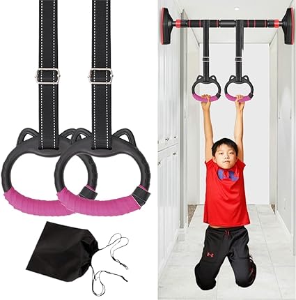 JIANWEI Gymnastics Rings Set for Kids, Professional Children Trapeze Bar Pull Up Rings with Straps Kids Playground Home Exercise Gym Rings with Drawstring Bag for Children Exercise(Pink)