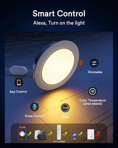 Lumary Smart LED Recessed Lighting 4 Inch, 35520 Wi-Fi Gimbal Recessed Lights, Color Changing Canless Downlight, Compatible with Alexa  Google, 9W 780lm CRI90 FCC 1 Pc