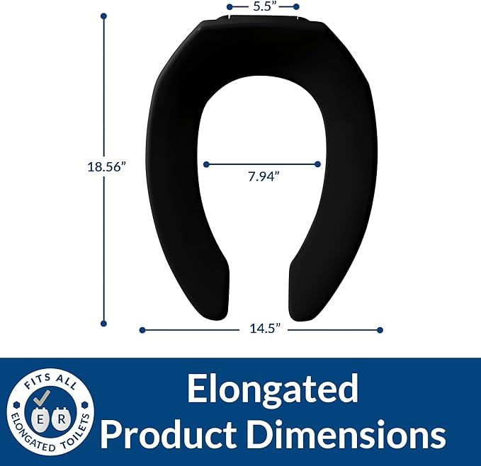 BEMIS 1955CT 047 Commercial Heavy Duty Open Front Toilet Seat will Never Loosen & Reduce Call-backs, ELONGATED, Plastic, Black