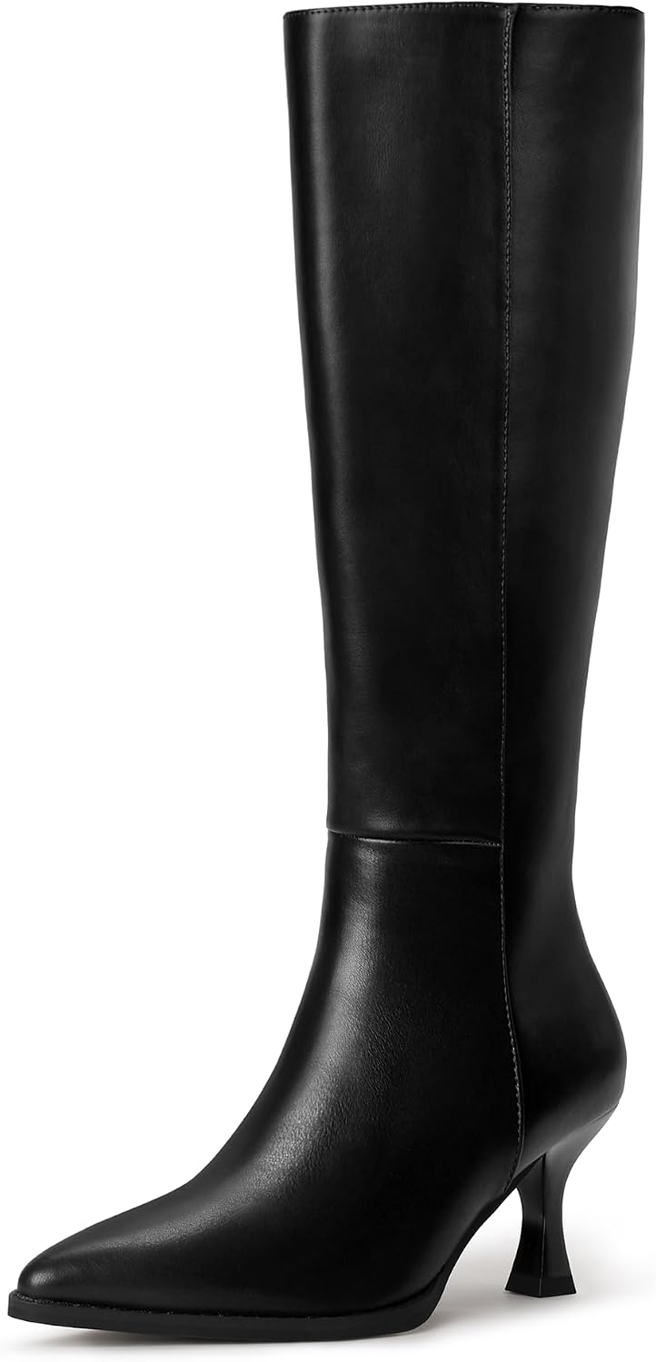 IDIFU Women's IN3 Knee High Tall Boots Pointed Toe Low Kitten Heel Long Fall Boot Side Zipper for Women Ladies Dress Dressy Fashion Small Heeled Boots