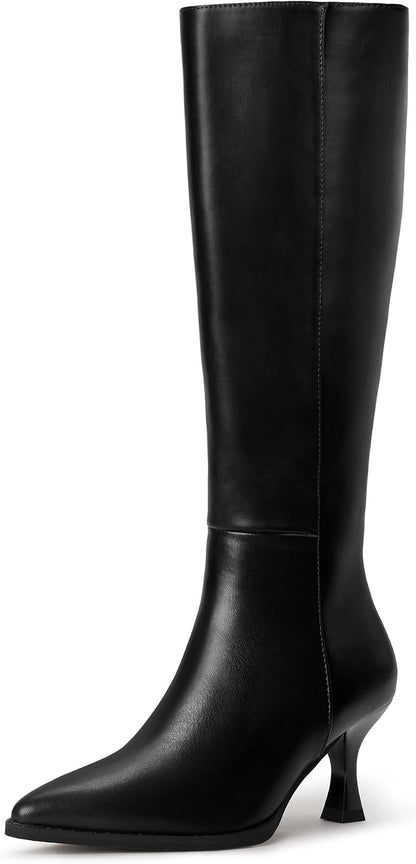 IDIFU Women's IN3 Knee High Tall Boots Pointed Toe Low Kitten Heel Long Fall Boot Side Zipper for Women Ladies Dress Dressy Fashion Small Heeled Boots