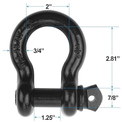 Shackles 3/4"(2 Pack) D-Ring Shackle Rugged 28.5 Ton (57,000 Lbs) Maximum Break Strength Heavy Duty Tow Shackles Perfect Shackle work with Tow Strap, Winch, Off-Road Jeep Truck Vehicle Recovery