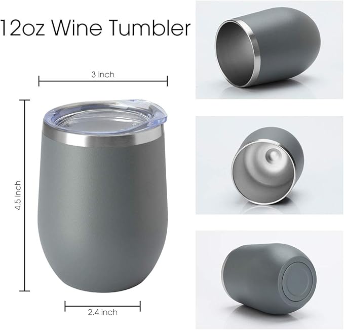 HASLE OUTFITTERS 12oz Wine Tumbler with Lid Stemless Wine Glasses Double Wall Vacuum Travel Mugs stainless steel Coffee Cup for Cold & Hot Drinks Wine Coffee Cocktails Beer (12oz-Grey, 1 Pack)