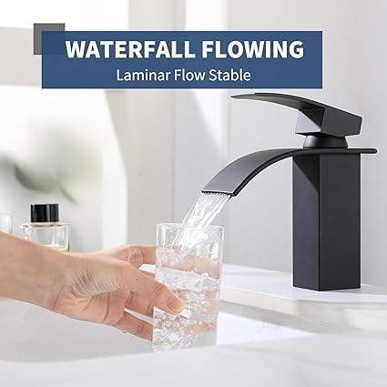 Bathroom Sink Faucet Black Waterfall Bathroom Faucet 1 Hole SUS304 Stainless Steel Faucet for Bathroom Sink Vanity Restroom Faucet Matte Black Single Hole Bathroom Faucet NO Lead, SF1-BK