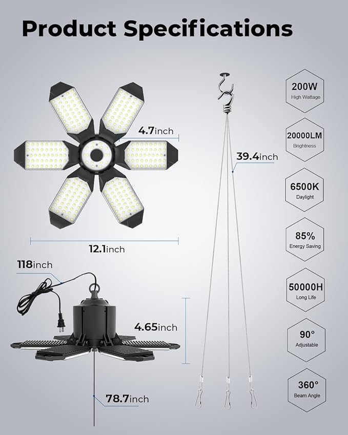 Plug in Garage Light, 200W 20000LM Linkable LED Shop Light wPull String(ONOff), Garage Ceiling Light w 9.84ft Power Cord, 6500K LED Lights for Garage, Workshop, Warehouse, Barn, Attic