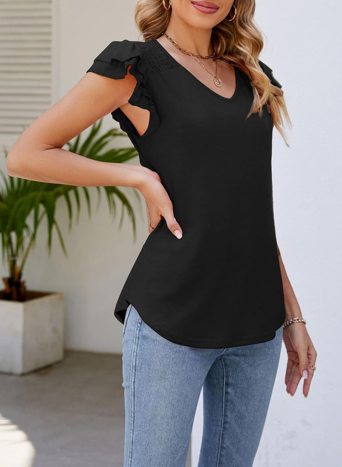 Dokotoo Women's Summer Casual Ruffle Short Sleeve Tops 2026 Cute Solid Color T Shirts Blouses .
