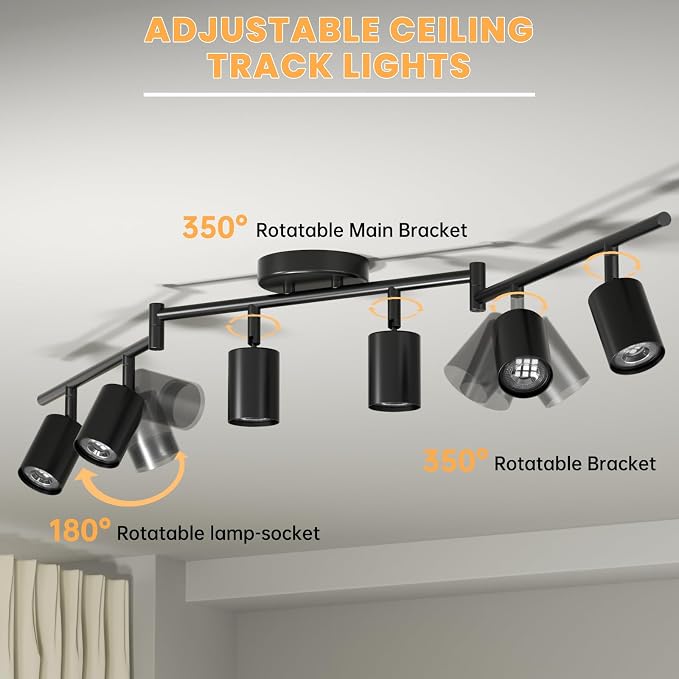 LED 6 Light Track Lighting Kit, 3 Color Adjustable Ceiling Spot Lighting Includes 6 x GU10 Bulb, Modern Track Light Fixture with Rotatable Heads for Kitchen, Living Room, Bedroom
